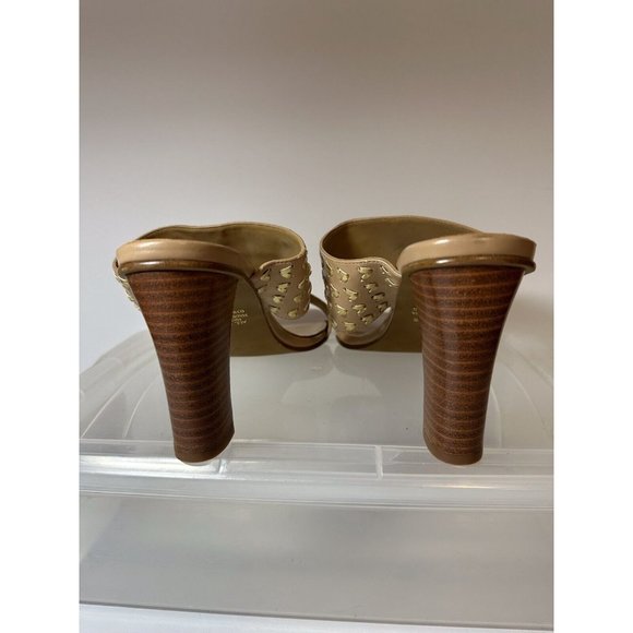 Spiegel Tan Gold Dual Strap Heeled Mules Size 8B Faux Leather ECU - Picture 4 of 6
